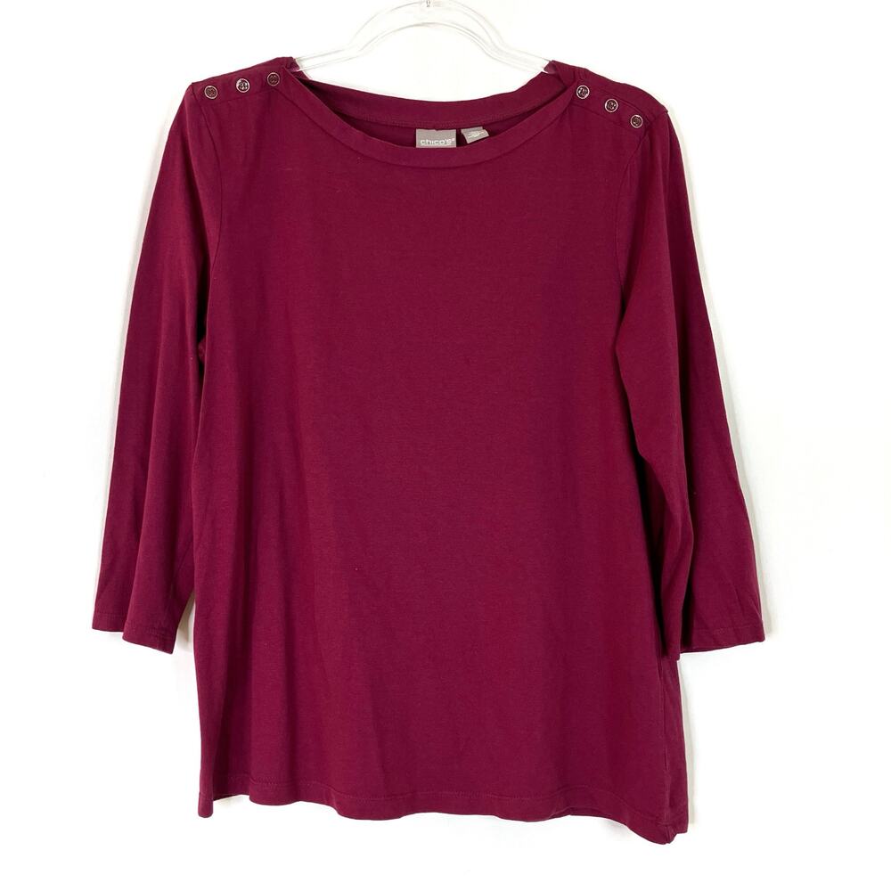 Chico's | Red 3/4 Sleeve Tee Shirt Bateau Button Cotton Modal Chicos 2/US Large
